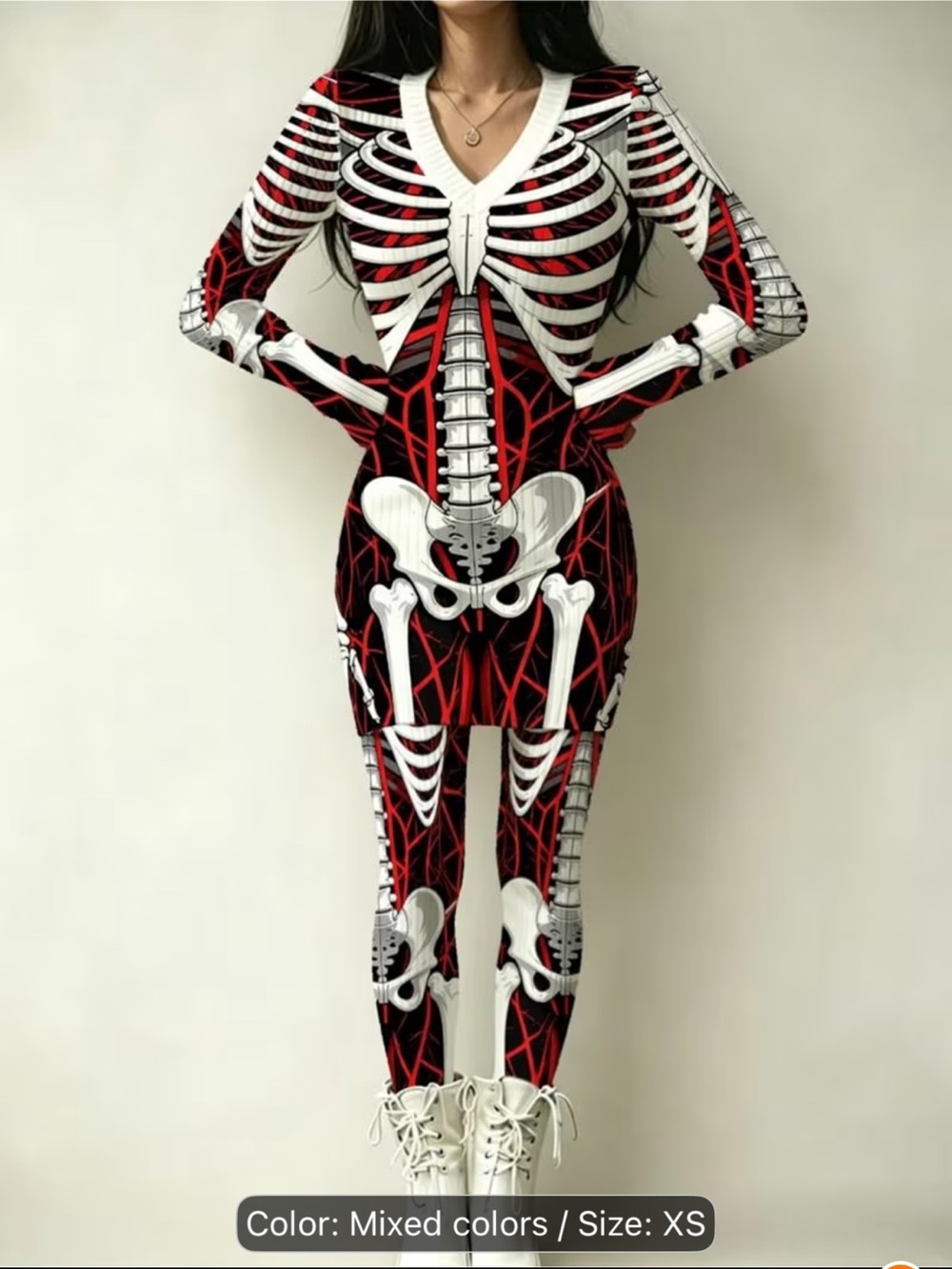 Women's Skeleton Print Long Sleeve Jumpsuit - Red & Black